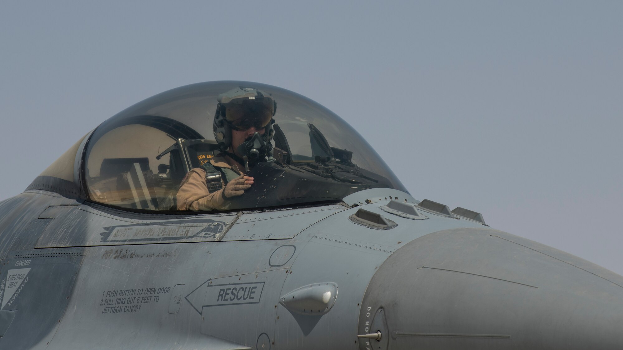 A U.S. Air Force F-16 “Viper” Fighting Falcon pilot assigned to the 79th Expeditionary Fighter Squadron lands at an undisclosed location in the U.S. Central Command area of responsibility, Feb. 14, 2020.