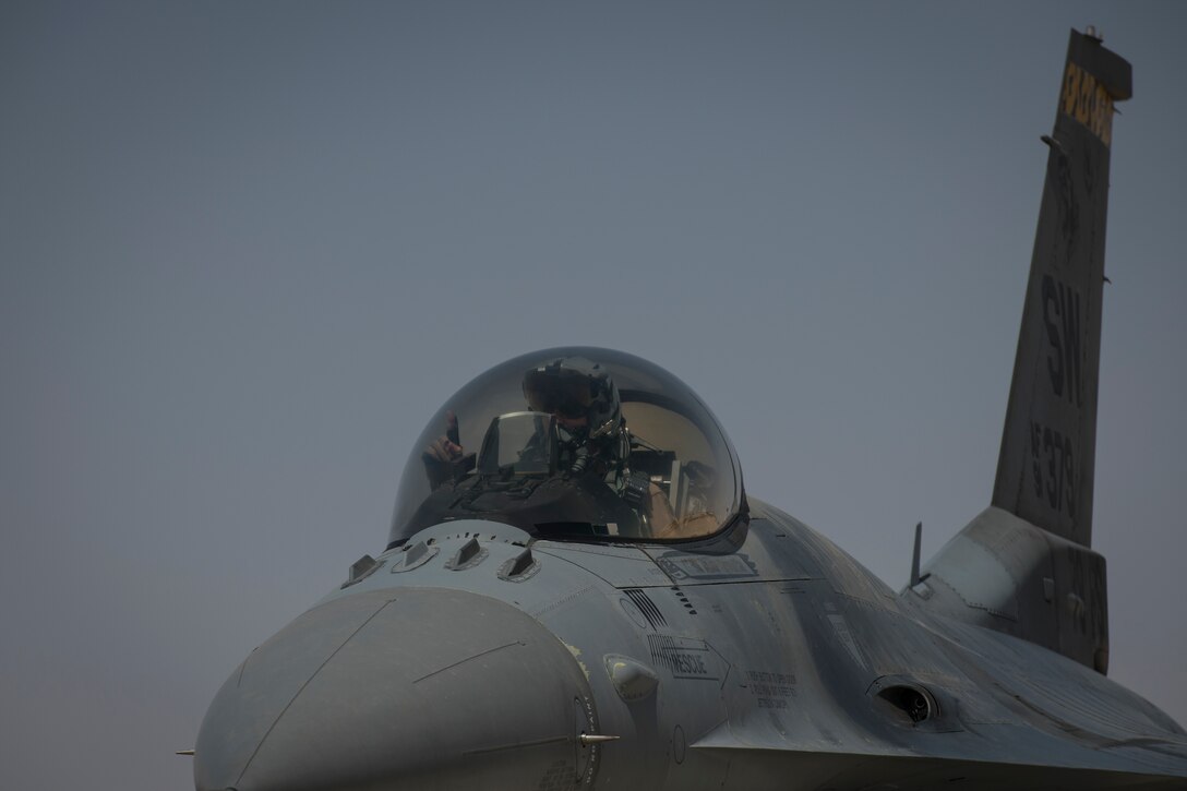 A U.S. Air Force F-16 “Viper” Fighting Falcon pilot assigned to the 79th Expeditionary Fighter Squadron lands at an undisclosed location in the U.S. Central Command area of responsibility, Feb. 14, 2020.