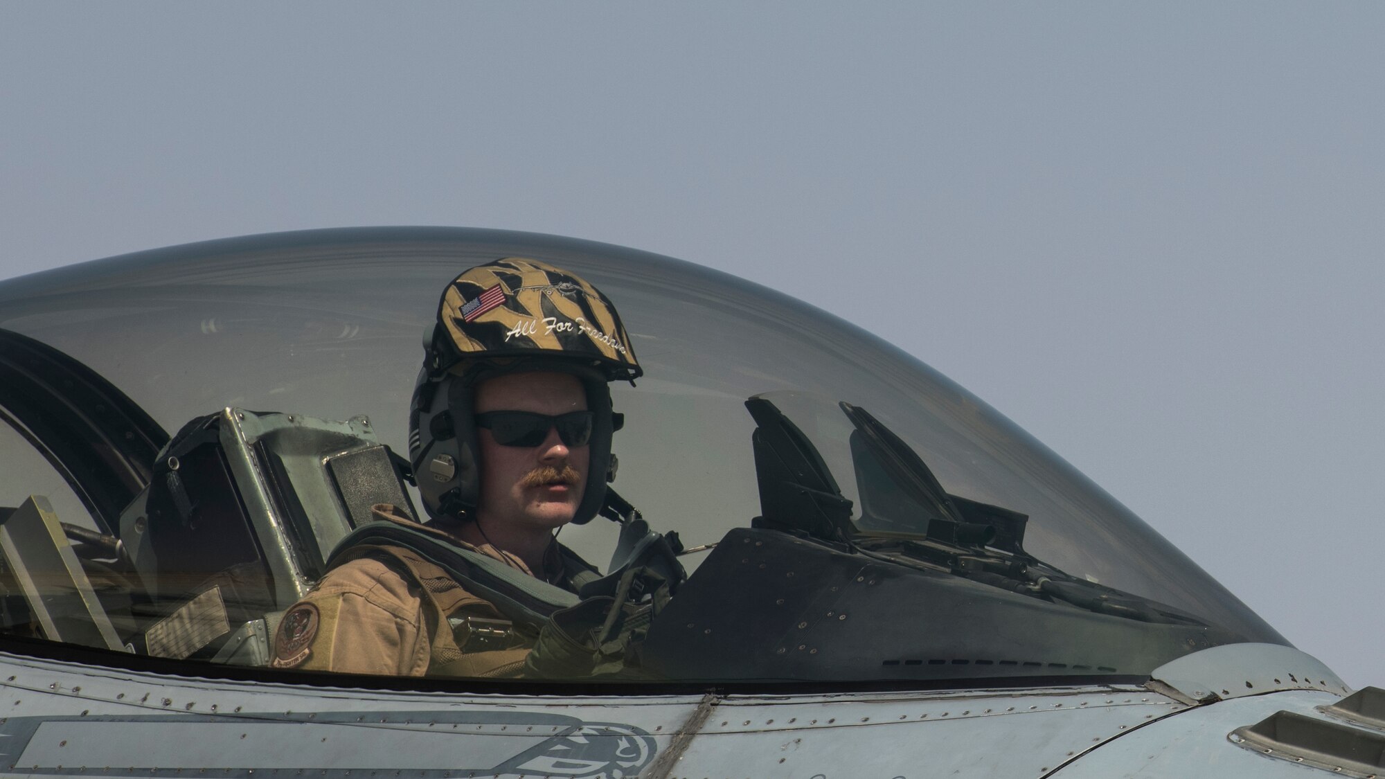 A U.S. Air Force F-16 “Viper” Fighting Falcon pilot assigned to the 79th Expeditionary Fighter Squadron lands at an undisclosed location in the U.S. Central Command area of responsibility, Feb. 14, 2020.