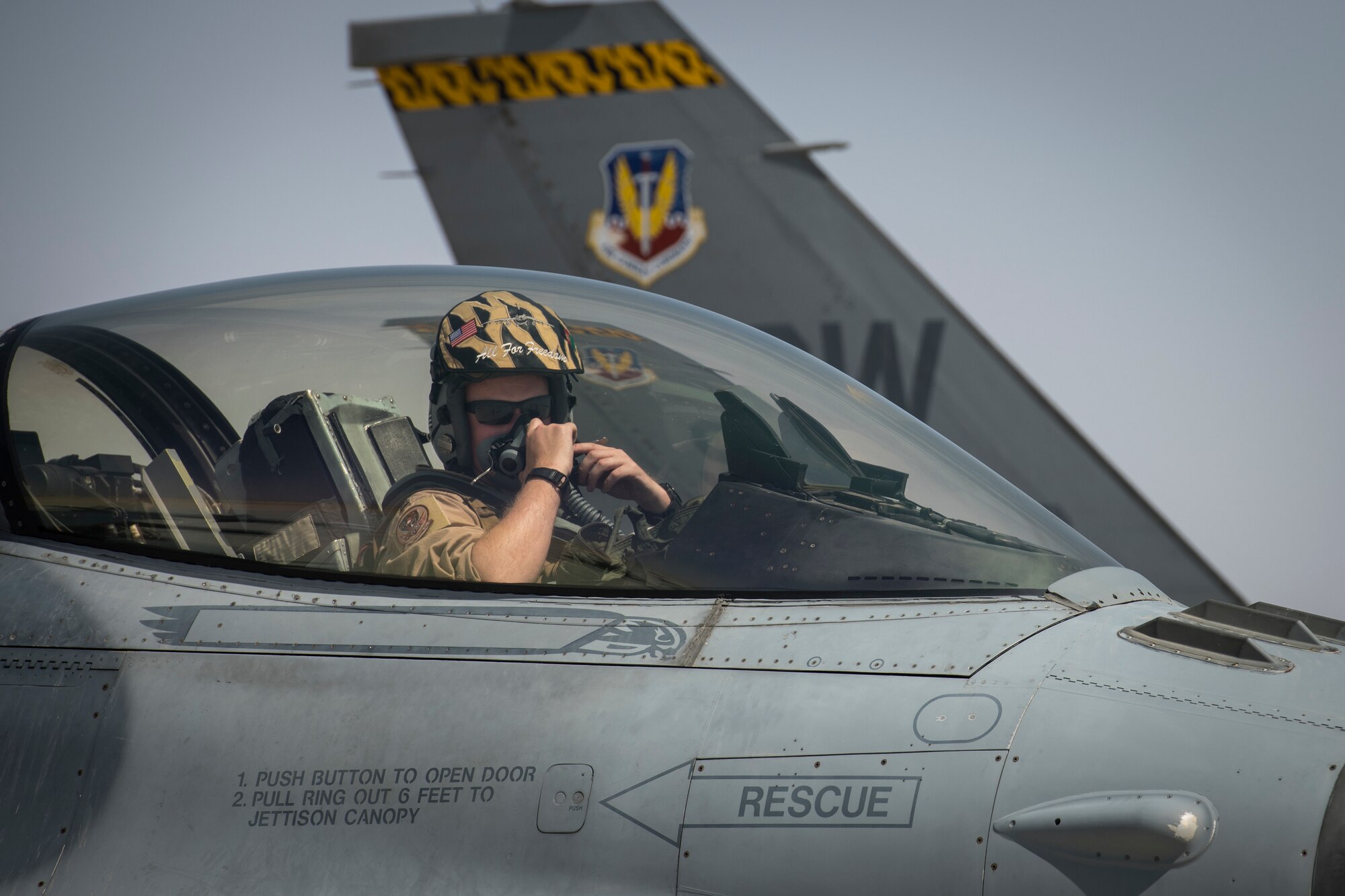 A U.S. Air Force F-16 “Viper” Fighting Falcon pilot assigned to the 79th Expeditionary Fighter Squadron lands at an undisclosed location in the U.S. Central Command area of responsibility, Feb. 14, 2020.