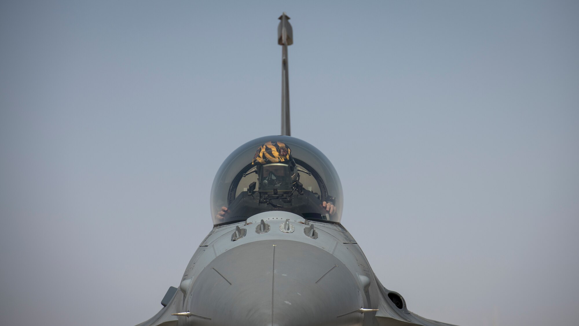 A U.S. Air Force F-16 “Viper” Fighting Falcon pilot assigned to the 79th Expeditionary Fighter Squadron lands at an undisclosed location in the U.S. Central Command area of responsibility, Feb. 14, 2020.