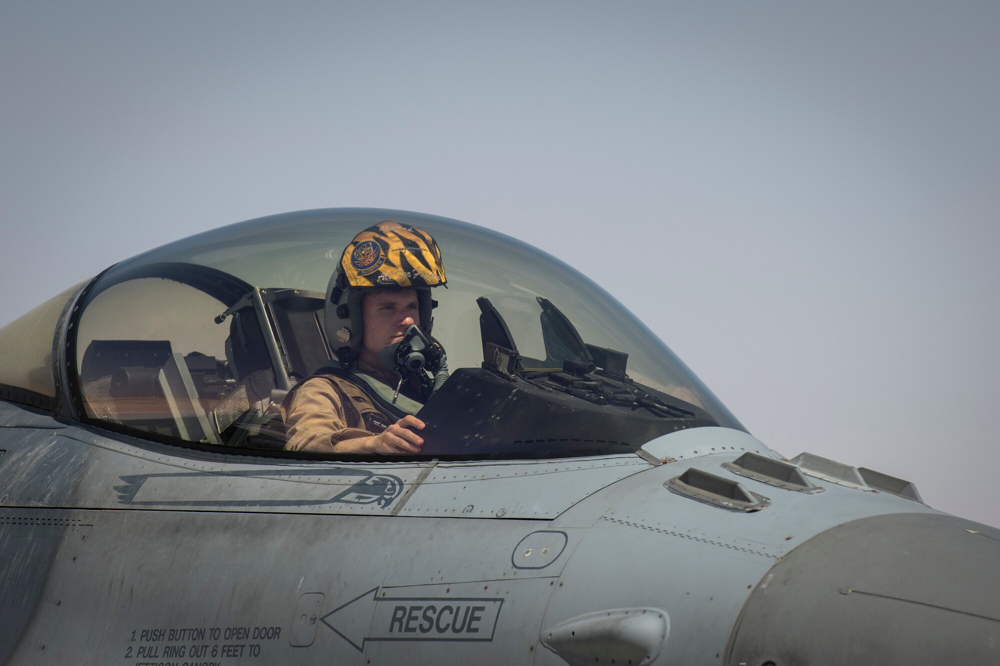A U.S. Air Force F-16 “Viper” Fighting Falcon pilot assigned to the 79th Expeditionary Fighter Squadron lands at an undisclosed location in the U.S. Central Command area of responsibility, Feb. 14, 2020.