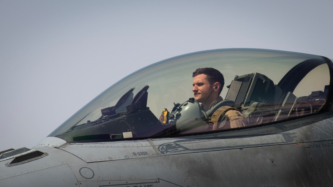 A U.S. Air Force F-16 “Viper” Fighting Falcon pilot assigned to the 79th Expeditionary Fighter Squadron lands at an undisclosed location in the U.S. Central Command area of responsibility, Feb. 14, 2020.