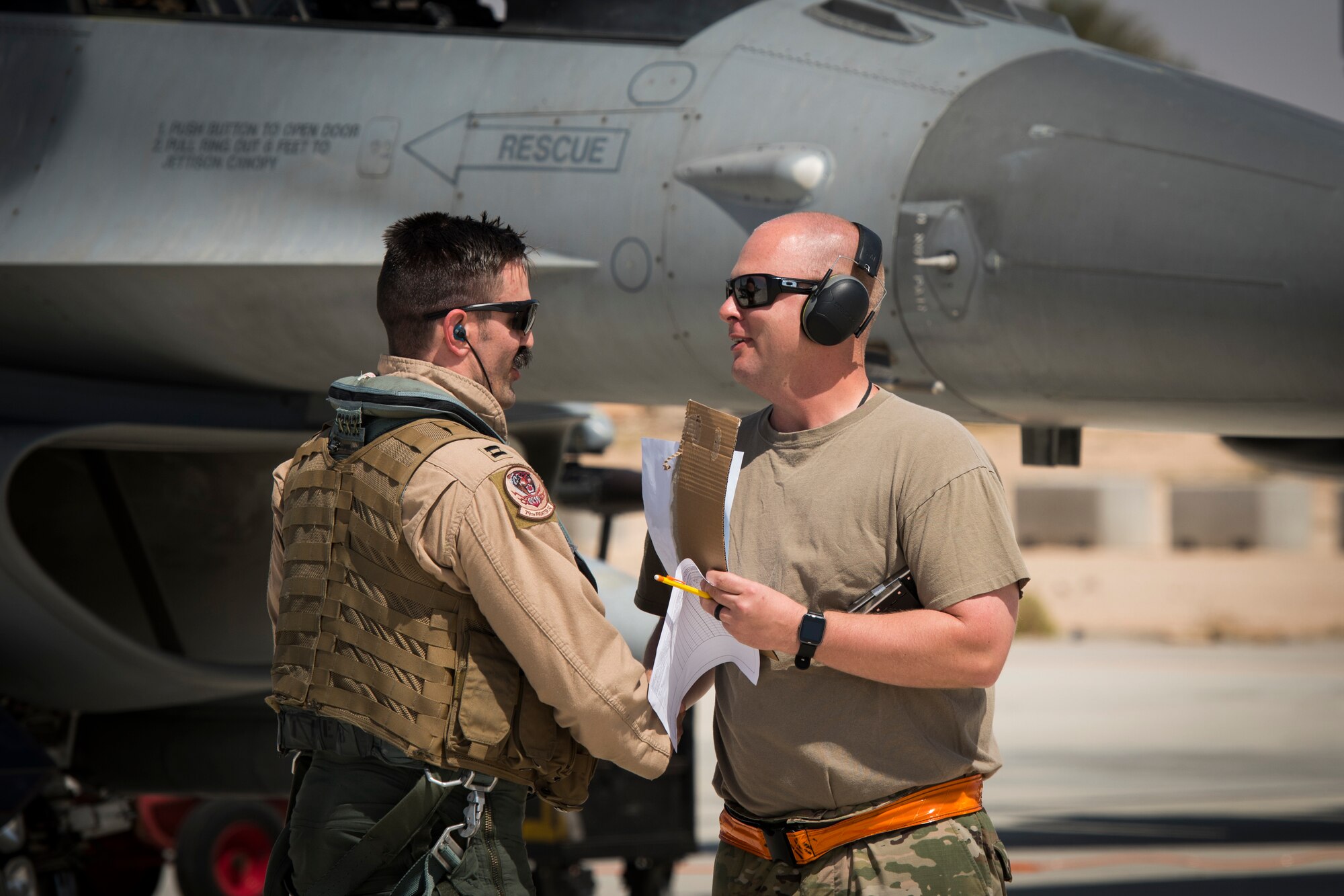 U.S. Air Force Airmen with the 380th Expeditionary Aircraft Maintenance Squadron receive six U.S. Air Force F-16 “Viper” Fighting Falcons assigned to the 79th Expeditionary Fighter Squadron at an undisclosed location in the U.S. Central Command area of responsibility, Feb. 14, 2020.