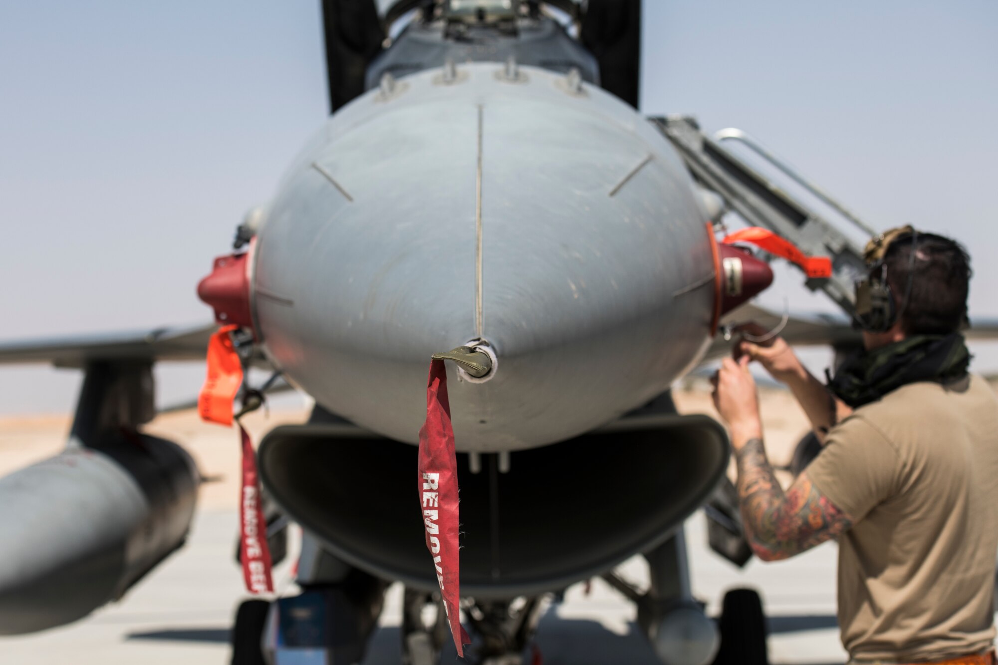 U.S. Air Force Airmen with the 380th Expeditionary Aircraft Maintenance Squadron receive six U.S. Air Force F-16 “Viper” Fighting Falcons assigned to the 79th Expeditionary Fighter Squadron at an undisclosed location in the U.S. Central Command area of responsibility, Feb. 14, 2020.