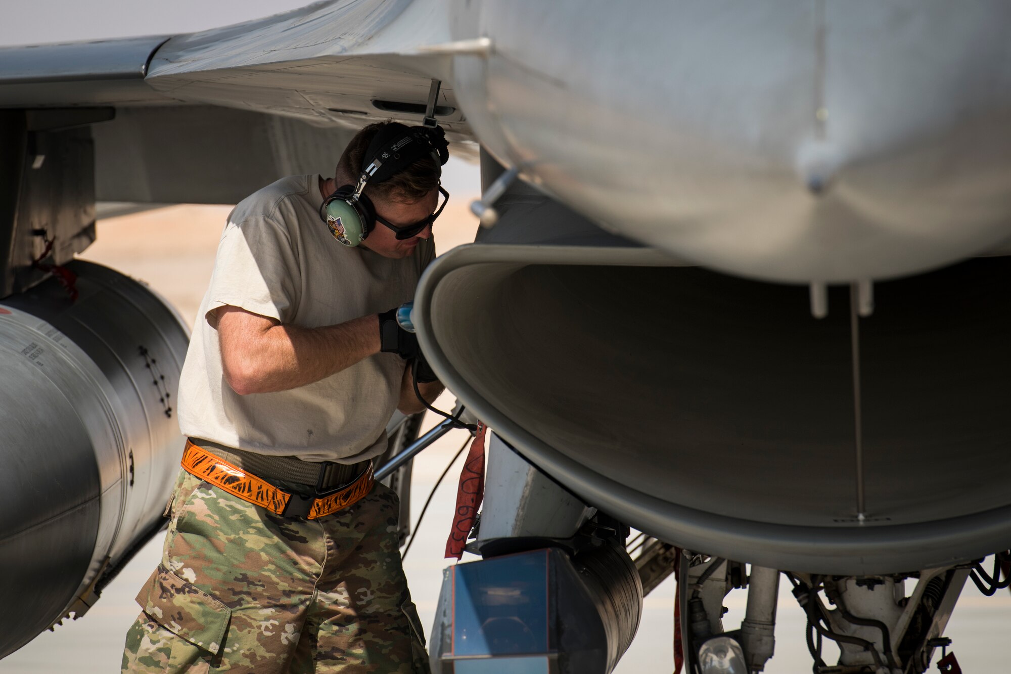 U.S. Air Force Airmen with the 380th Expeditionary Aircraft Maintenance Squadron receive six U.S. Air Force F-16 “Viper” Fighting Falcons assigned to the 79th Expeditionary Fighter Squadron at an undisclosed location in the U.S. Central Command area of responsibility, Feb. 14, 2020.