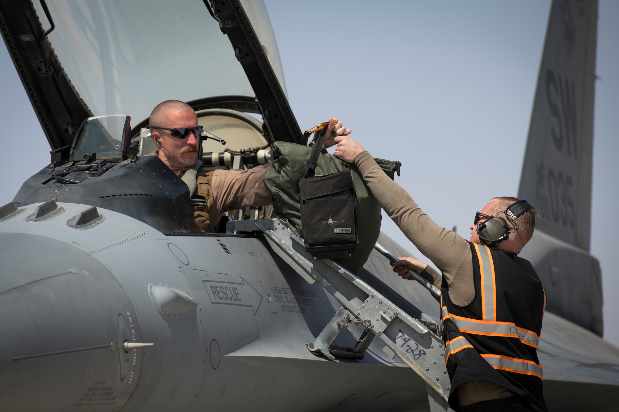 U.S. Air Force Airmen with the 380th Expeditionary Aircraft Maintenance Squadron receive six U.S. Air Force F-16 “Viper” Fighting Falcons assigned to the 79th Expeditionary Fighter Squadron at an undisclosed location in the U.S. Central Command area of responsibility, Feb. 14, 2020.