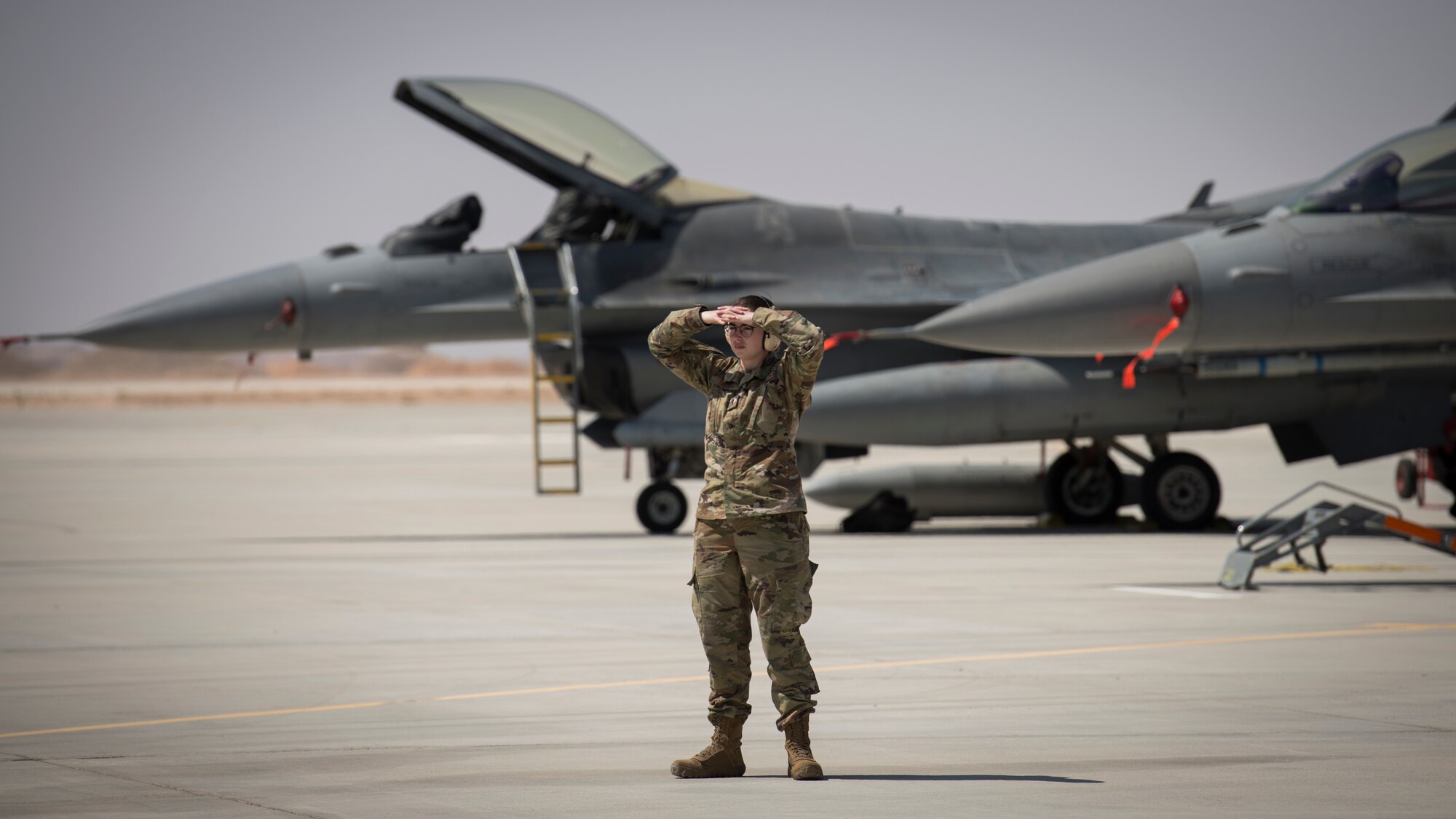 U.S. Air Force Airmen with the 380th Expeditionary Aircraft Maintenance Squadron receive six U.S. Air Force F-16 “Viper” Fighting Falcons assigned to the 79th Expeditionary Fighter Squadron at an undisclosed location in the U.S. Central Command area of responsibility, Feb. 14, 2020.