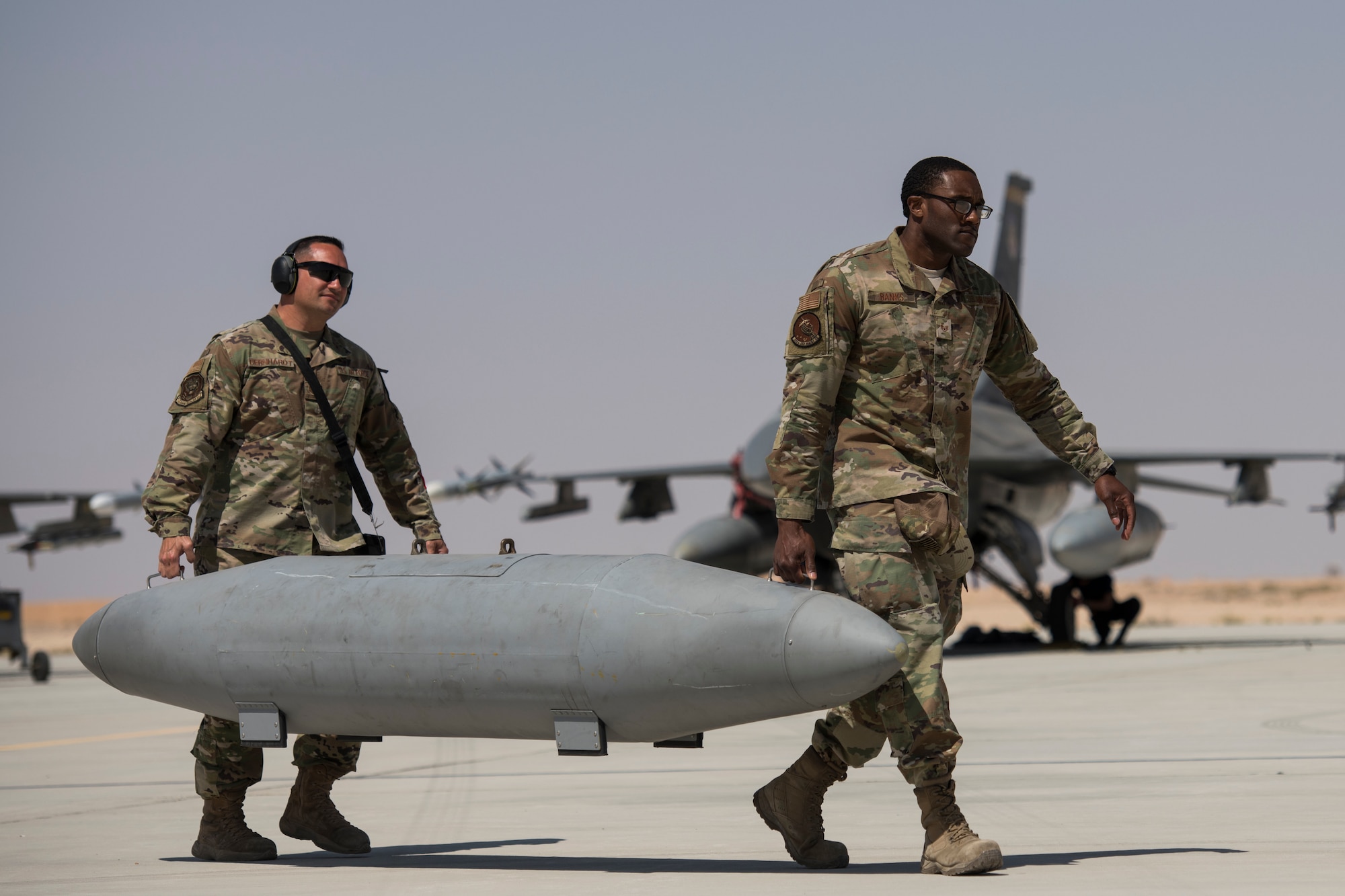 U.S. Air Force Airmen with the 380th Expeditionary Aircraft Maintenance Squadron receive six U.S. Air Force F-16 “Viper” Fighting Falcons assigned to the 79th Expeditionary Fighter Squadron at an undisclosed location in the U.S. Central Command area of responsibility, Feb. 14, 2020.