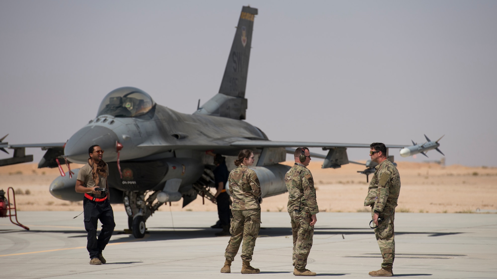 U.S. Air Force Airmen with the 380th Expeditionary Aircraft Maintenance Squadron receive six U.S. Air Force F-16 “Viper” Fighting Falcons assigned to the 79th Expeditionary Fighter Squadron at an undisclosed location in the U.S. Central Command area of responsibility, Feb. 14, 2020.