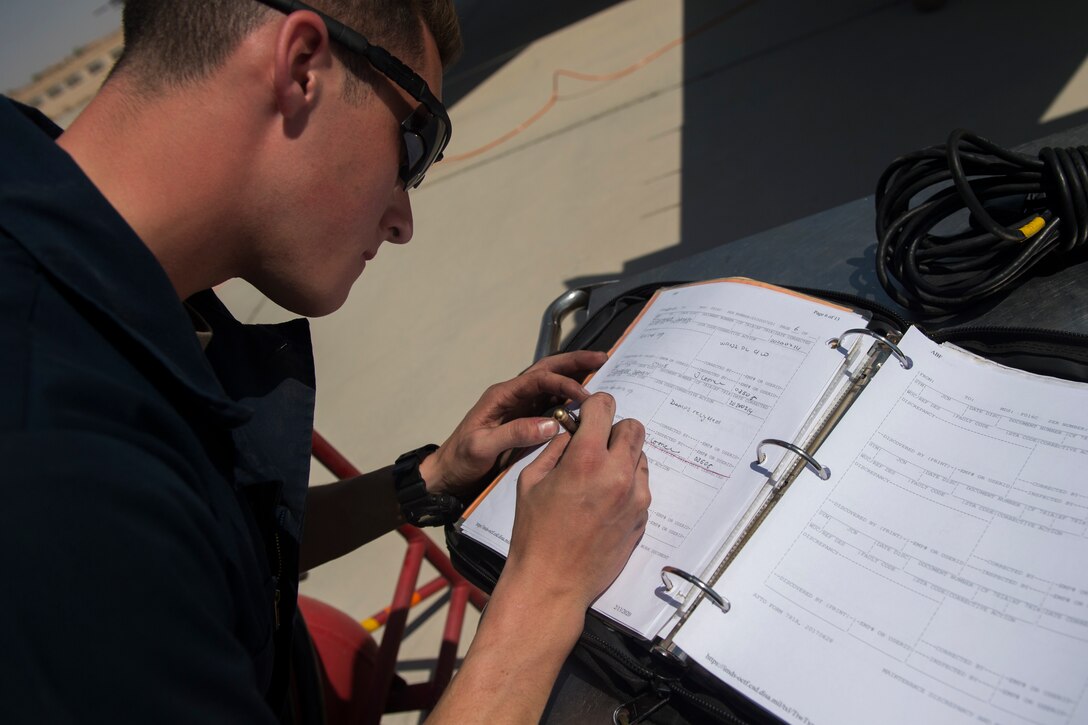 U.S Air Force Airman 1st Class Lucas Haas, a crew chief with the 380th Expeditionary Aircraft Maintenance Squadron fills out maintenance logs at an undisclosed location in the U.S. Central Command area of responsibility, Feb. 14, 2020.