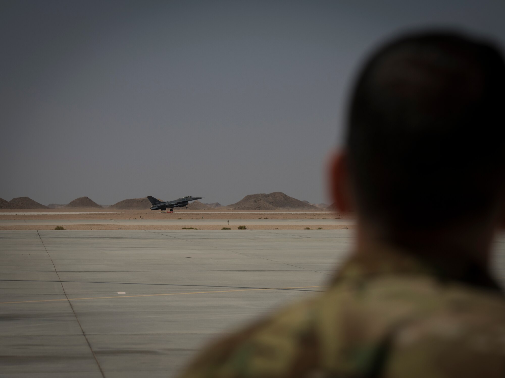 A U.S. Air Force F-16 “Viper” Fighting Falcon assigned to the 79th Expeditionary Fighter Squadron lands at an undisclosed location in the U.S. Central Command area of responsibility, Feb. 14, 2020.