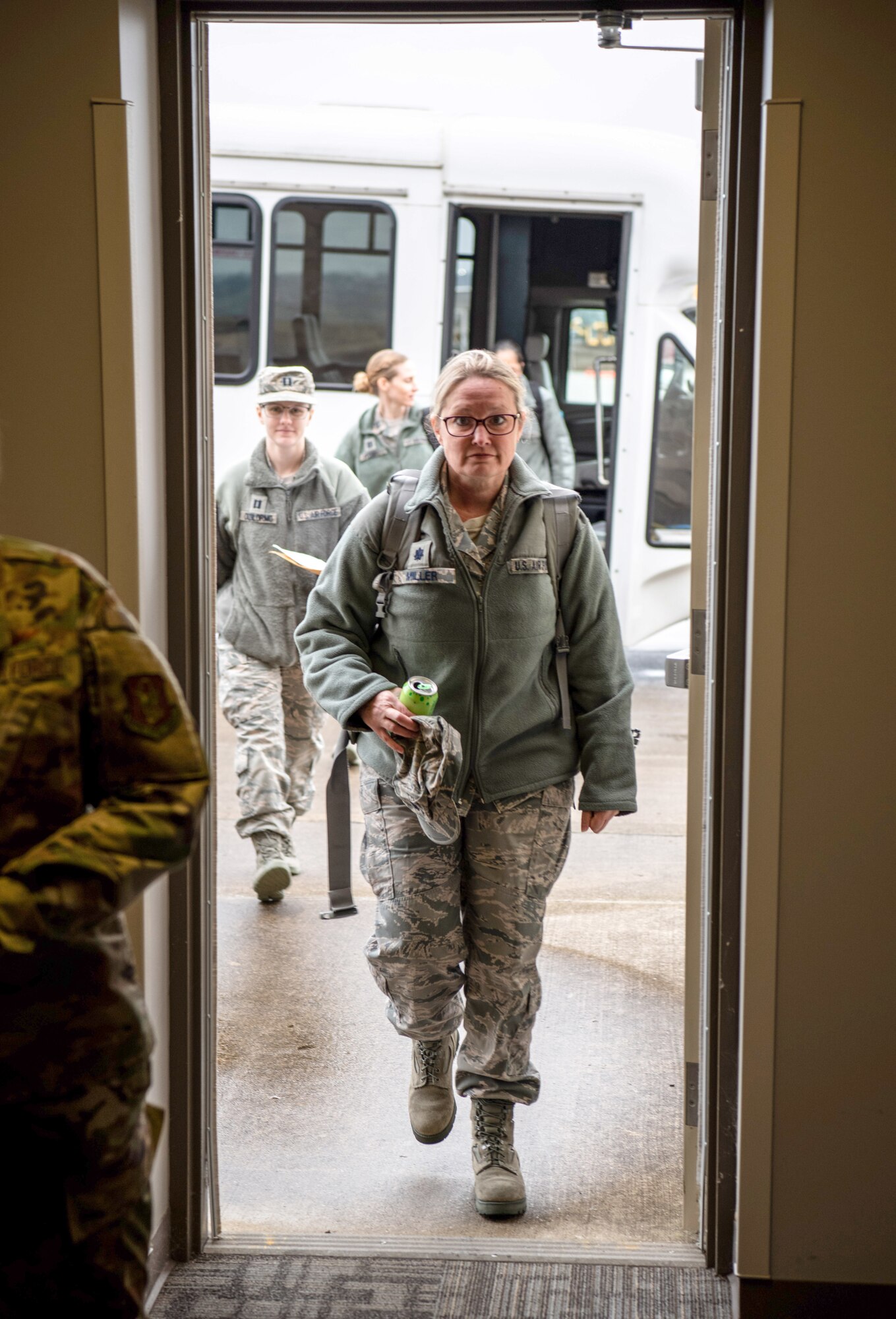 Citizen Airmen from the 445th Airlift Wing’s Aeromedical Staging Squadron, arrive to out-process here April 5, 2020.  The Airmen were notified April 4, 2020 that they would be mobilized to New York City to help with the COVID-19 pandemic. The Citizen Airmen will join other military personnel providing medical services at the Jacob Javits Center in New York City. This deployment is part of a larger mobilization package of more than 120 doctors, nurses and respiratory technicians Air Force Reserve units across the nation provided over the past 48 hours in support of COVID-19 response to take care of Americans. (U.S. Air Force photo/Mr. Patrick O’Reilly)