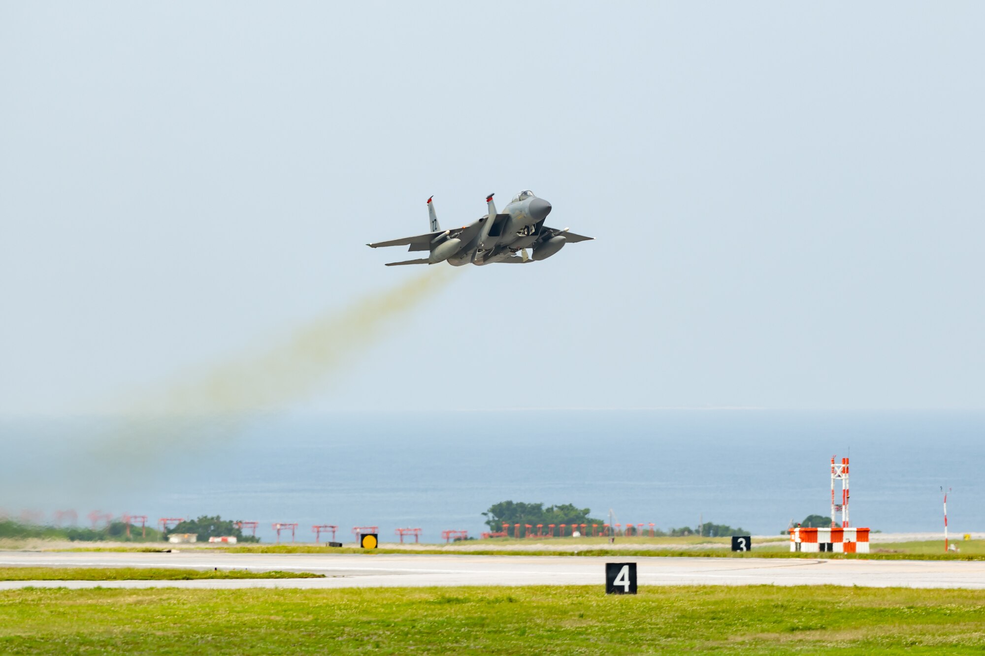 An F-15C Eagle takes off from Kadena Air Base, Japan, April 3, 2020. Despite increased health protective measures, Kadena Airmen maintain focus on the mission to support a free and open Indo-Pacific. The F-15 Eagle is an all-weather, maneuverable, tactical fighter designed to permit the Air Force to gain and maintain air supremacy over the battlefield. (U.S. Air Force photo by Senior Airman Cynthia Belío)