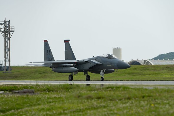 An F-15C Eagle taxis on Kadena Air Base, Japan, April 3, 2020.  Both the 44th and 67th Fighter Squadrons at Kadena AB play a unique role in securing peace and stability in a free and open Indo-Pacific with their F-15C capabilities. (U.S. Air Force photo by Senior Airman Matthew Seefeldt)