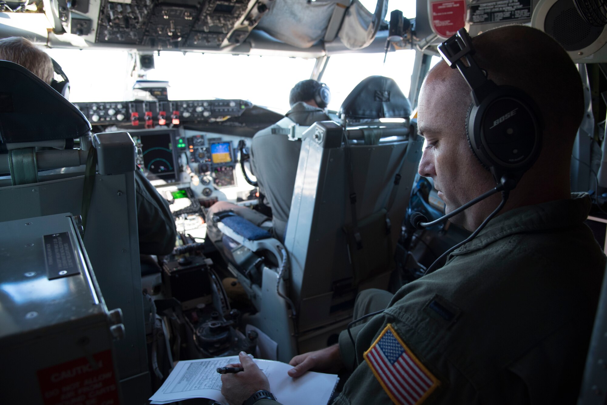 1st Lt. Clayton Gledhill and aircrew perform a pre-flight check of a KC-135 aircraft April 2, 2020 prior to take-off from MacDill AFB, Fla. The flight is part of flying operations that have continued despite the COVID-19 crisis so Reserve Airmen can maintain their readiness to accomplish their wartime mission that is vital for the nation. (U.S. Air Force Photo by Lt. Col. Lisa Ray)