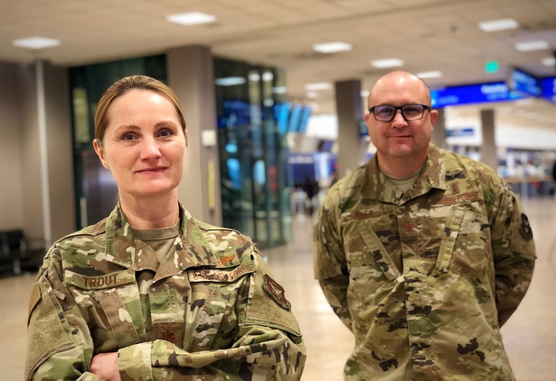 Maj. Katherine Trout and Maj. Jimmy Jones, reservists in the 419th Medical Squadron, are part of a small group of Airmen who left from the Salt Lake City airport today for the New York City area to help with COVID-19 response