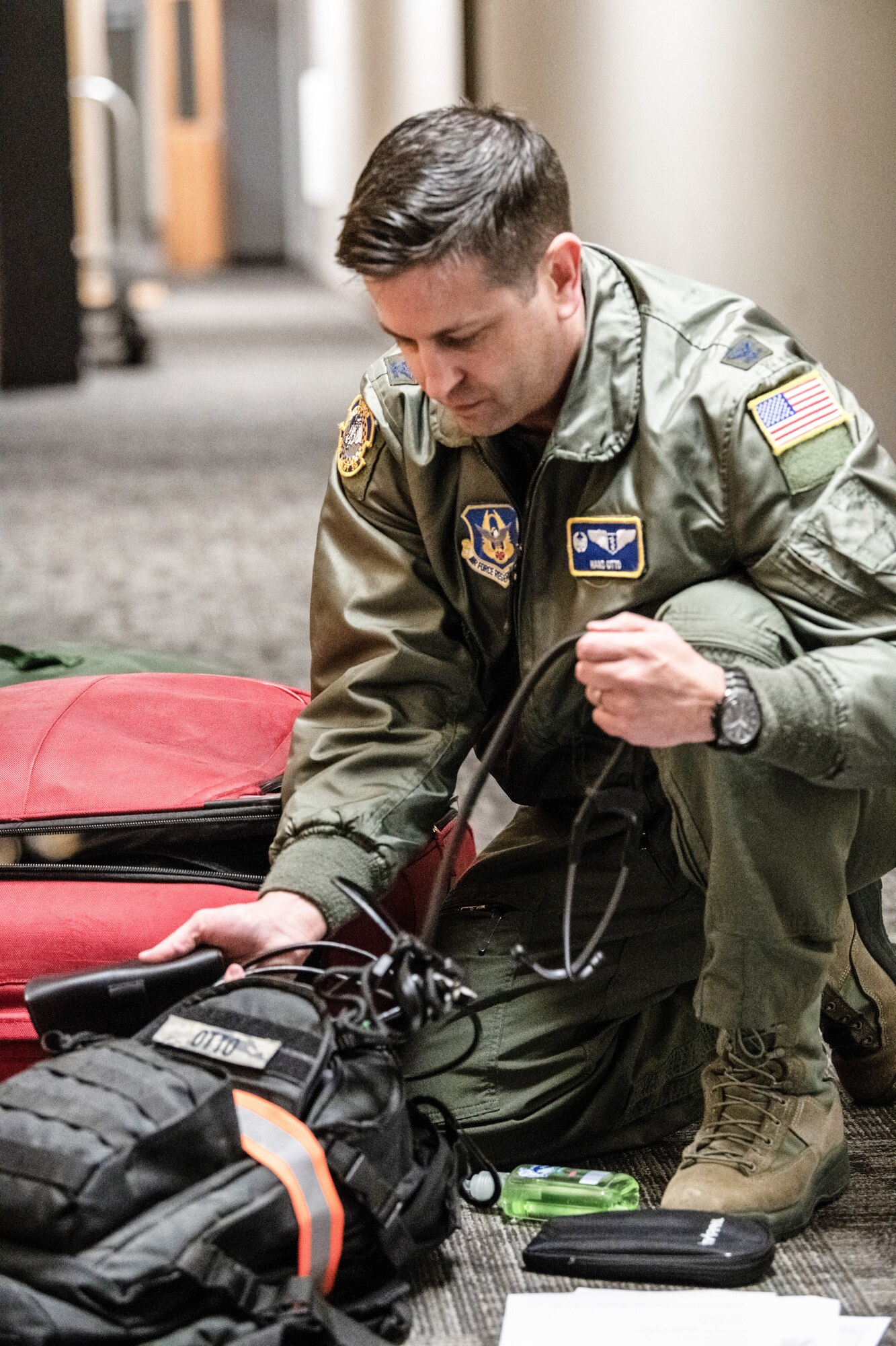 Col. Hans F. Otto, 445th Aerospace Medicine Squadron commander, checks his luggage for essential items here April 5, 2020. He and nurses from the 445th Airlift Wing’s Aeromedical Staging Squadrons were notified April 4, 2020 that they would be mobilized to New York City to help with the COVID-19 pandemic. The Citizen Airmen will join other military personnel providing medical services at the Jacob Javits Center in New York City. This deployment is part of a larger mobilization package of more than 120 doctors, nurses and respiratory technicians Air Force Reserve units across the nation provided over the past 48 hours in support of COVID-19 response to take care of Americans. (U.S. Air Force photo/Mr. Patrick O’Reilly)