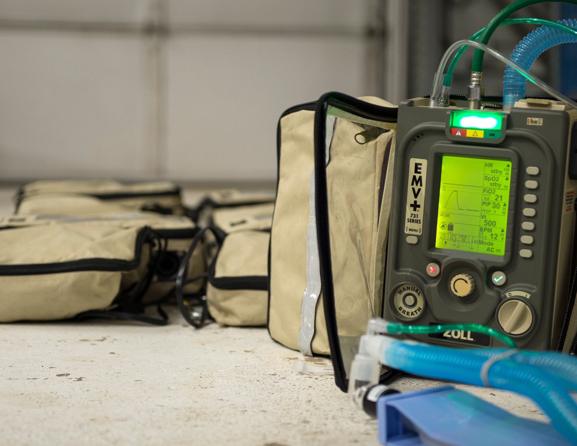 The Zoll 731 Ventilators from the 133rd Airlift Wing sit on the ground after an inventory check in St. Paul, Minn., Mar., 19, 2020.