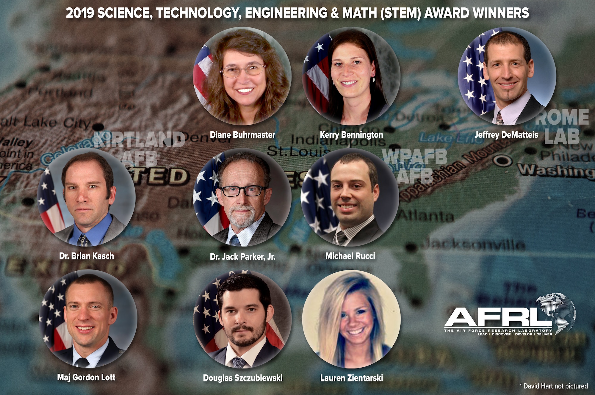 Ten scientists and engineers from the Air Force Research Laboratory earned accolades as winners of 2019 Science, Technology, Engineering and Math (STEM) Awards. This prestigious honor from the office of the Air Force Chief Scientist Dr. Richard Joseph and Acting Deputy Assistant Secretary Science, Technology and Engineering Yvette Weber recognizes Department of Defense civilians for their technical contributions, career achievements and superior dedication to the mission. (U.S. Air Force photo illustration/Patrick Londergan)
