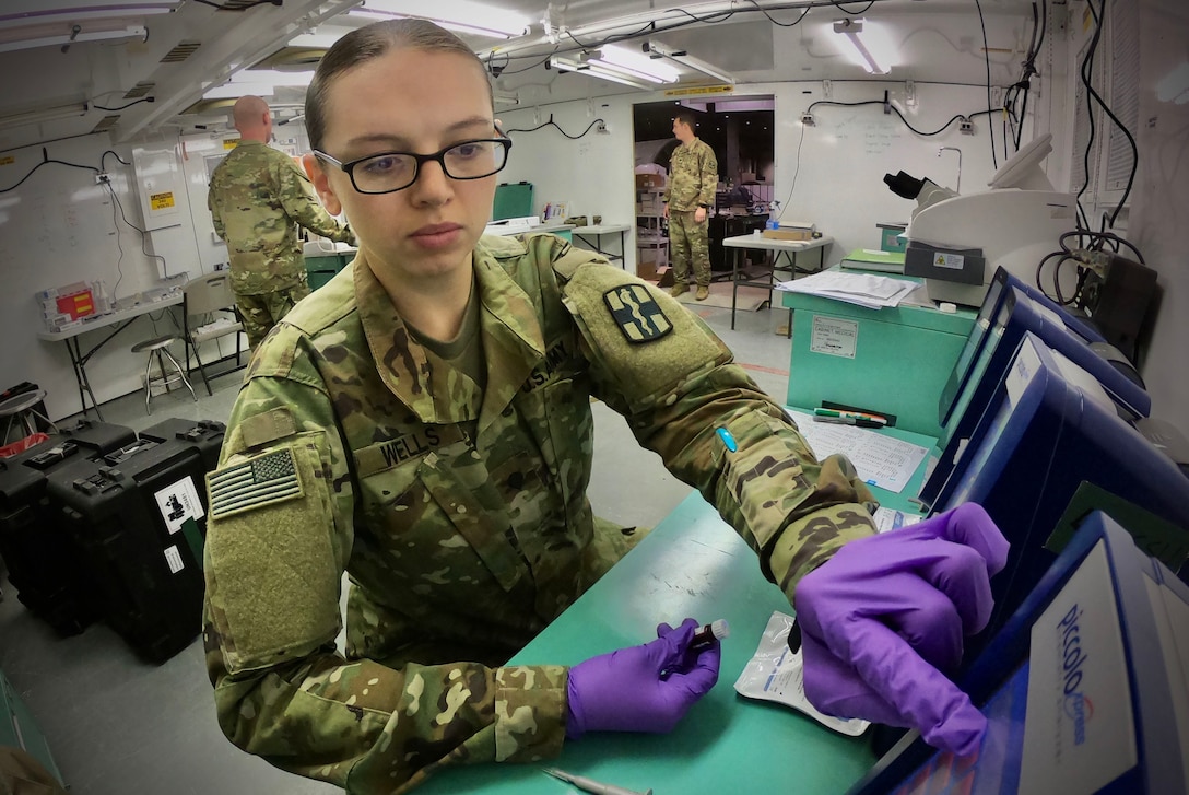 A soldier runs an analysis on basic metabolic panels.