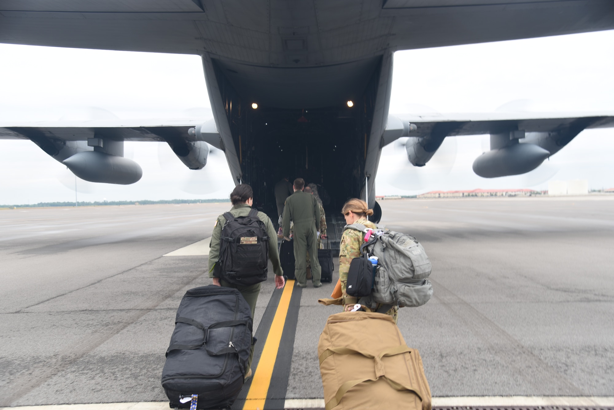 With less than  24 hours’ notice, doctors and nurses assigned to the 927th Air Refueling Wing, boarded a C-130 at MacDill AFB, Fla., April 5, headed for Joint Base McGuire-Lakehurst, N.J. where they will be a part of more than 100 medical professionals sent from Air Force Reserve Command to work with state and local authorities in the region as they combat COVID-19. (U.S. Air Force photo by Tech. Sgt. Peter Dean)
