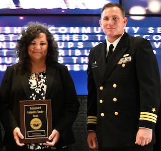 IMAGE: FREDERICKSBURG, Va. (May 10, 2019) – Tammy Indseth, a deputy portfolio director in the Readiness and Training Systems Department at Naval Surface Warfare Center Dahlgren Division (NSWCDD), is awarded the Distinguished Community Service Award at the NSWCDD Honorary Awards Ceremony. Indseth is pictured with NSWCDD Commanding Officer Capt. Casey Plew. (U.S. Navy photo/Released)