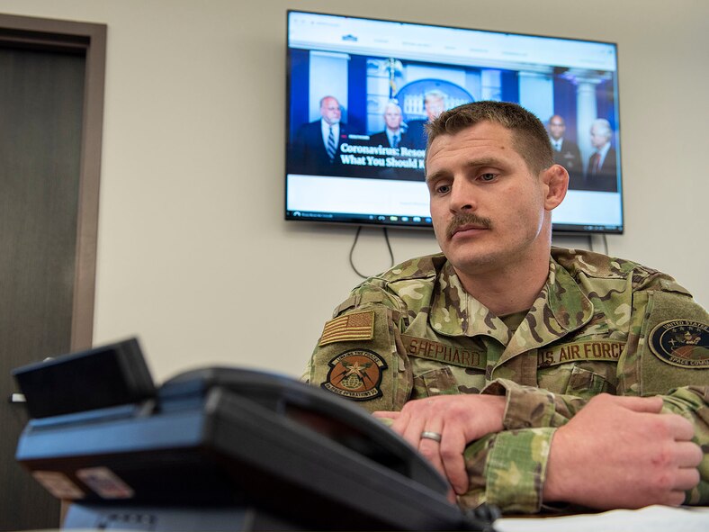 SCHRIEVER AIR FORCE BASE, Colo. – First Lt. Tyler Shephard, 4th Space Operations Squadron assistant director of operations, participates in a conference call with President Donald Trump at Schriever Air Force Base, Colorado, April 1, 2020. Trump held the conference call, along with the Secretary of Defense and Chairman of the Joint Chiefs of Staff to express their gratitude to service members and their families during the fight against COVID-19. (U.S. Air Force photo by Steve Kotecki)