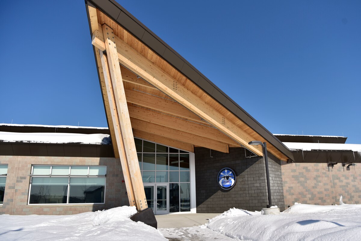 The F-35 Simulator facility stands on Eielson Air Force Base, Alaska, March 30, 2020. The flight simulators are used as a training tool for F-35 pilots to help them stay proficient in emergency procedures and to train against advanced threats. (U.S. Air Force photo by Senior Airman Beaux Hebert)