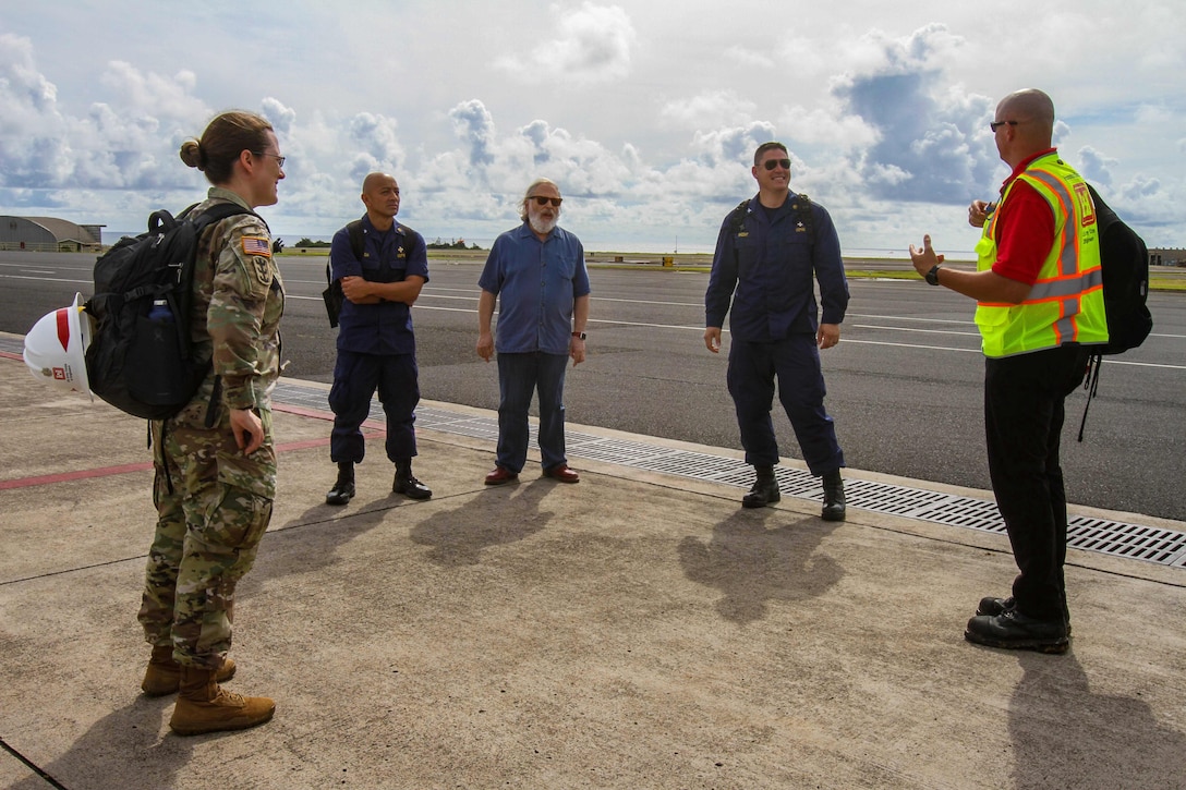 Members from the U.S. Army Corps of Engineers (USACE) Honolulu District and the U.S. Public Health Service arrive on Kauai to assess potential COVID-19 alternate care facilities in Kauai, Hawaii, April 3, 2020.