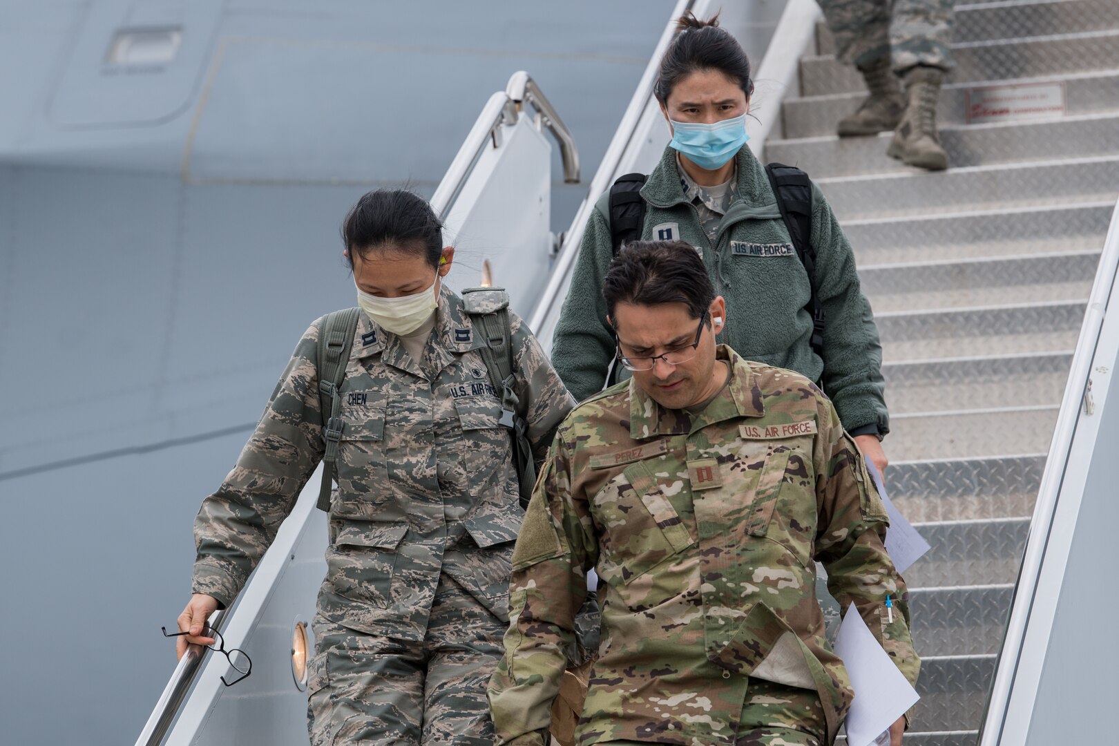 A U.S. Air Force Reserve C-5M Super Galaxy with the 68th Airlift Squadron, 433rd Airlift Wing, Joint Base San Antonio-Lackland, Texas, offloads medical personnel at Joint Base McGuire-Dix-Lakehurst, New Jersey, April 5, 2020, to support the residents of New York City in the fight against COVID-19.