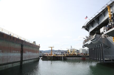 USS Carl Vinson (CVN 70) departed Dry Dock 6 April 6, 2020, after spending 14 months undergoing a Docking Planned Incremental Availability period at Puget Sound Naval Shipyard & Intermediate Maintenance Facility.