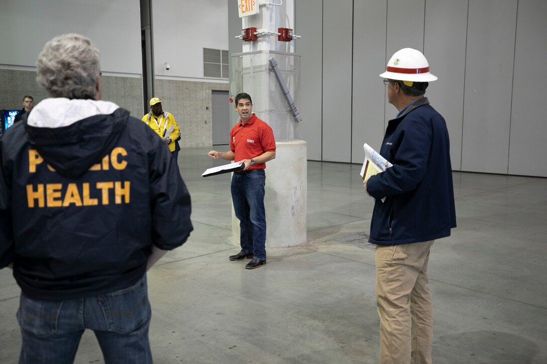 Meetings are taking place inside the Hampton Roads Convention Center in Hampton Virginia between local, state and federal representatives on how best to convert the building into an alternate care facility. The Federal Emergency Management Agency tasked the U.S. Army Corps of Engineers to evaluate and recommend sites for Alternative Care Facilities in Virginia, and Governor Northam approved locations in Northern Virginia, Richmond and Hampton Roads. Norfolk District personnel, along with the Virginia Department of Emergency Management, the Virginia Department of Health, the Virginia National Guard and emergency management personnel from local and regional governments are now meeting with health care professionals and representatives from area health care systems to plan how best to convert the selected sites to meet their needs. The Corps has received three mission assignments from FEMA to begin construction on the Alternate Care Facilities shortly. (U.S. Army photo by Patrick Bloodgood)