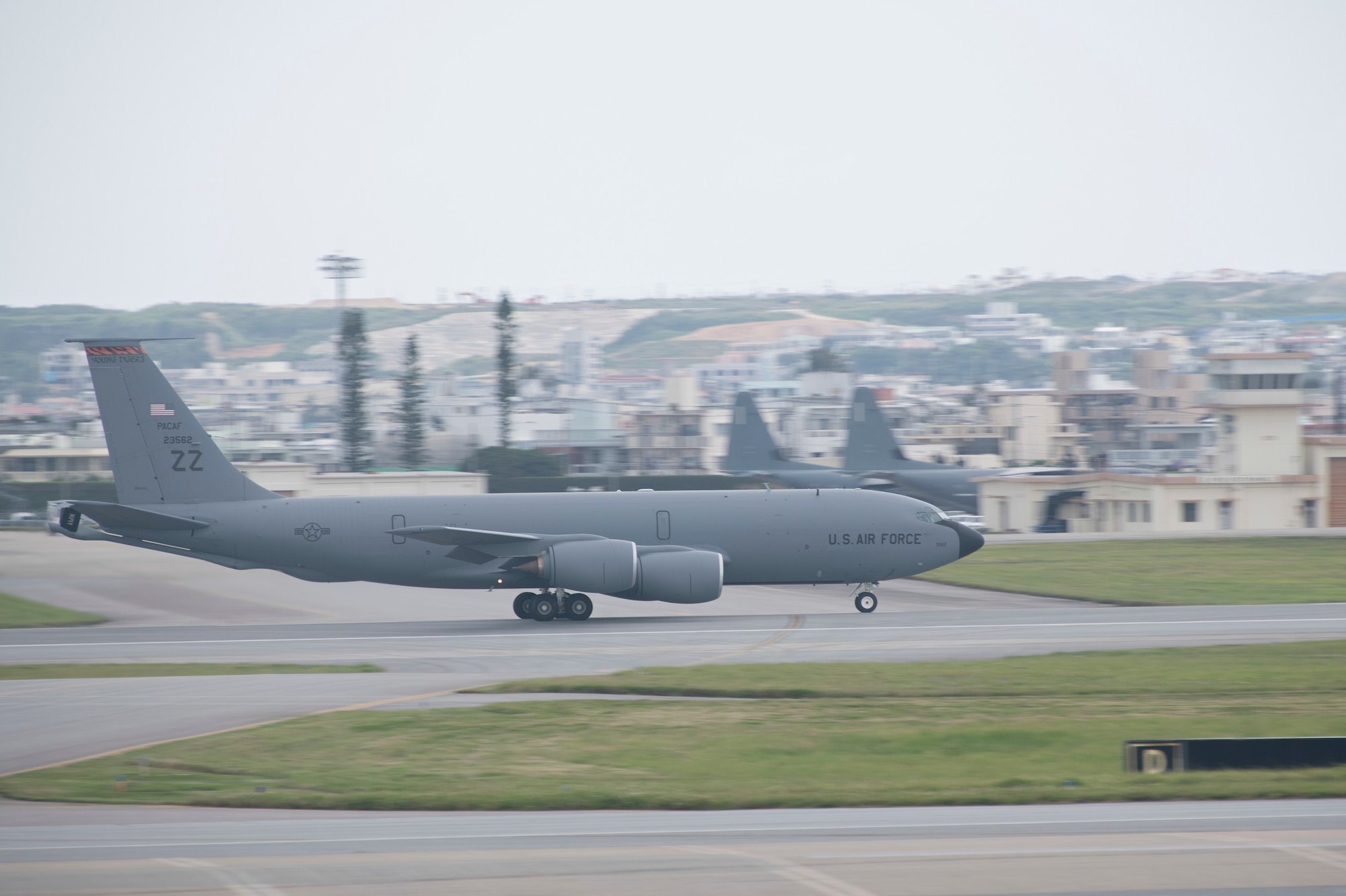 A U.S. Air Force KC-135 Stratotanker, assigned to the 909th Air Refueling Squadron, takes off April 6, 2020, at Kadena Air Base, Japan. Team Kadena is postured to protect its forces against COVID-19 while also maintaining mission readiness in support of the U.S.-Japan Alliance. The 909 ARS conducts aerial refueling missions throughout the region ensuring a free and open Indo-Pacific.  (U.S. Air Force photo by Senior Airman Rhett Isbell)