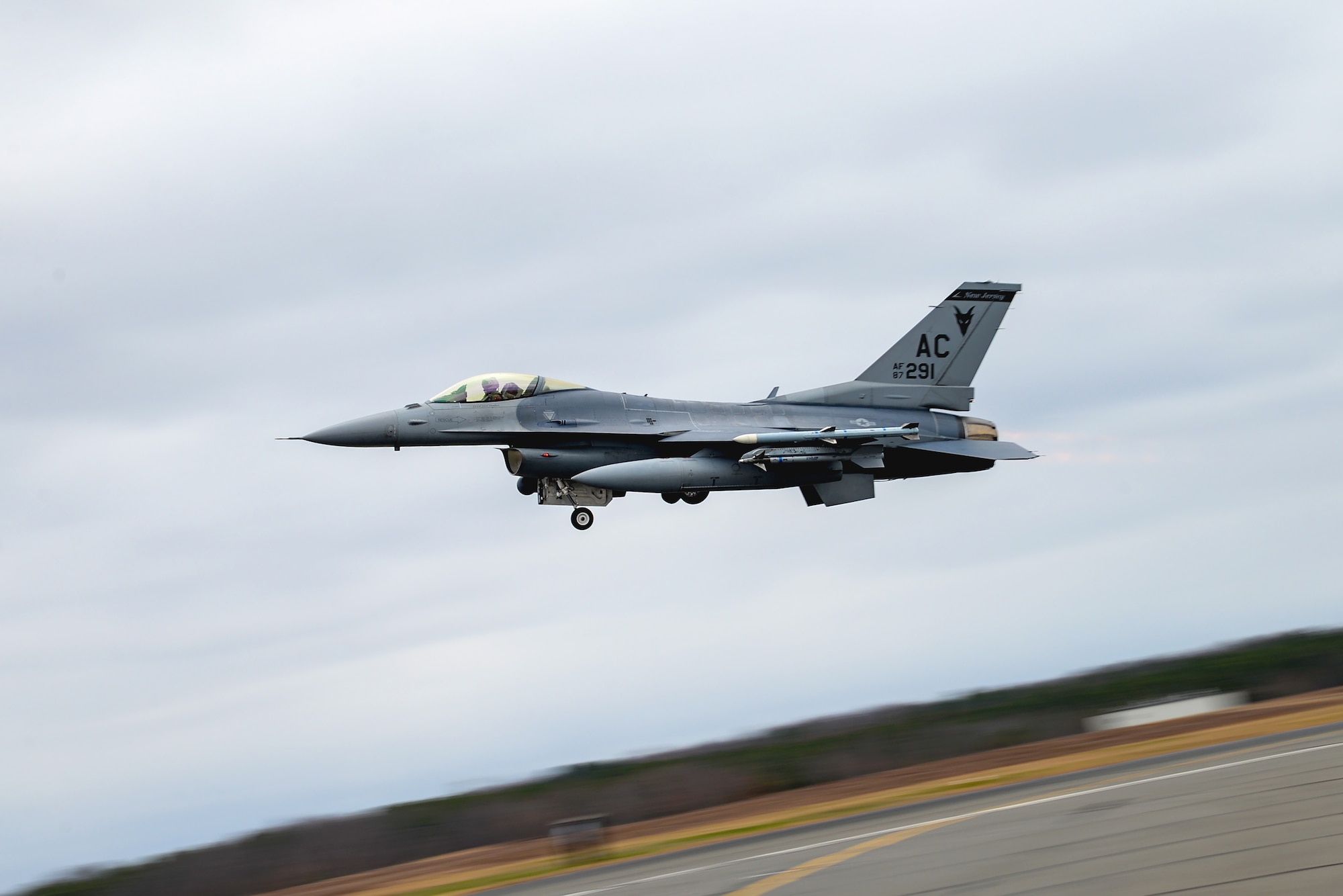 An image of A U.S. Air Force F-16C Fighting Falcon taking off April 1, 2020, at the 177th Fighter Wing, Egg Harbor Township, N.J.