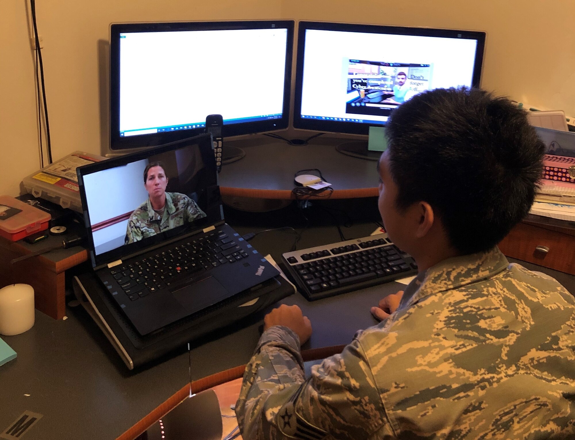 A photo of U.S. Air Force Senior Airman Jared Arellano, from the 44th Aerial Port Squadron, participating during a slide presentation as part of the 624th Regional Support Group virtual unit training assembly April 4, 2020, from his home in Guam. Air Force Reserve Airmen in Hawaii and Guam continued mission readiness training during the first-ever 624th RSG virtual UTA, which was implemented to help keep Airmen safe during COVID-19 pandemic. (Courtesy Photo)