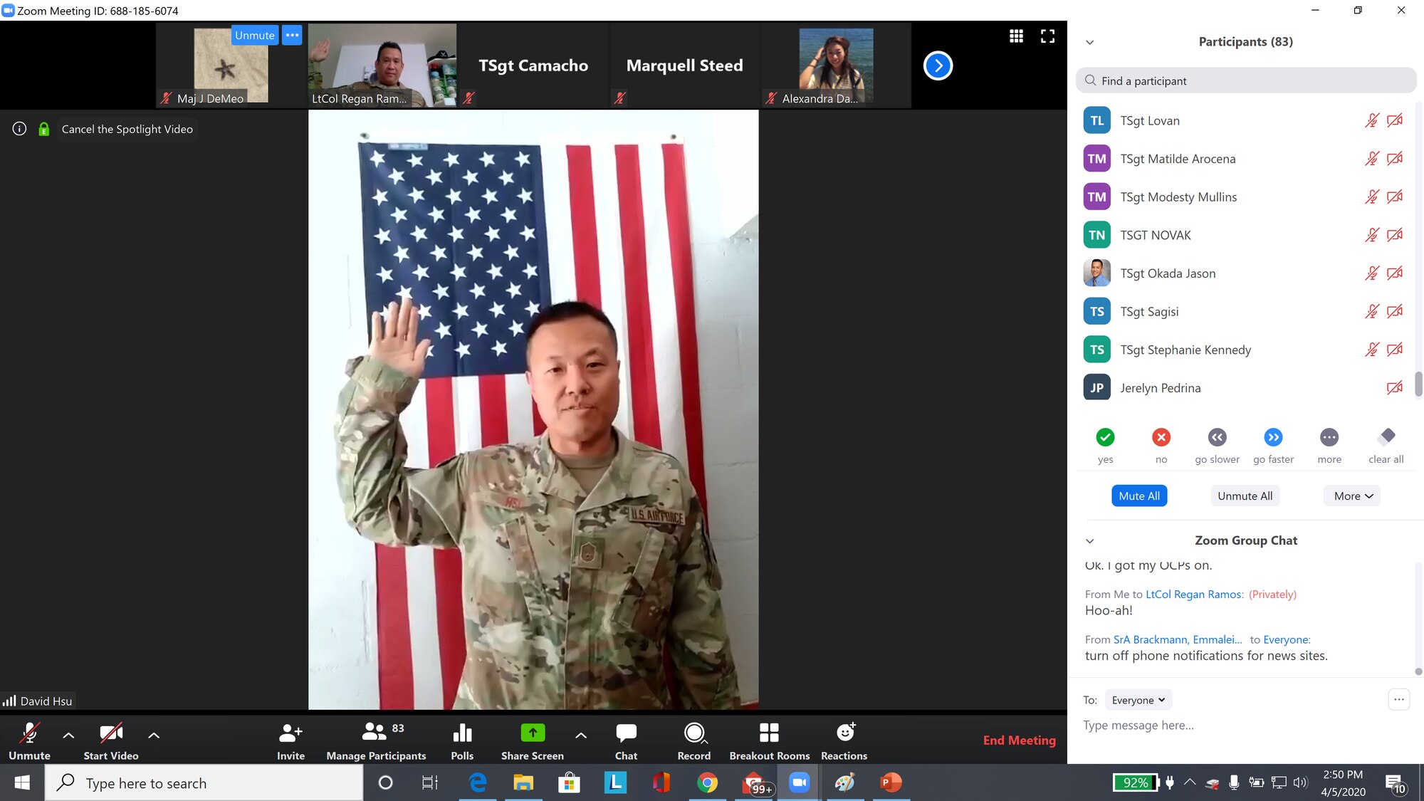 A photo of U.S. Air Force Master Sgt. David Hsu, 624th Aeromedical Staging Squadron aerospace medical technician, taking the oath of enlistment from Lt. Col. Ramos Regan, a 624th ASTS clinical nurse, via video teleconference during a virtual reenlistment as part of the 624th Regional Support Group virtual unit training assembly April 4, 2020, from his home in Hawaii. Air Force Reserve Airmen in Hawaii and Guam continued mission readiness training during the first-ever 624th RSG virtual UTA, which was implemented to help keep Airmen safe during COVID-19 pandemic. (Courtesy Photo)