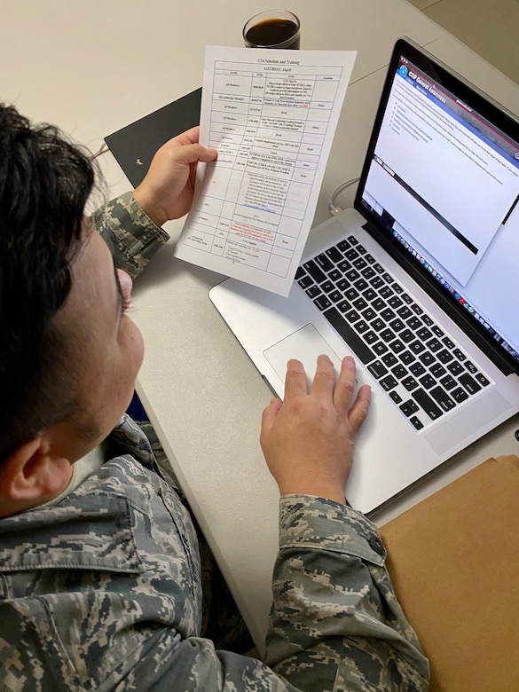 A photo of U.S. Air Force Airman 1st Class Ivan Vibar, from the 44th Aerial Port Squadron, participating in computer based training requirements as part of the 624th Regional Support Group virtual unit training assembly April 4, 2020, from his home in Guam. Air Force Reserve Airmen in Hawaii and Guam continued mission readiness training during the first-ever 624th RSG virtual UTA, which was implemented to help keep Airmen safe during COVID-19 pandemic. (Courtesy Photo)