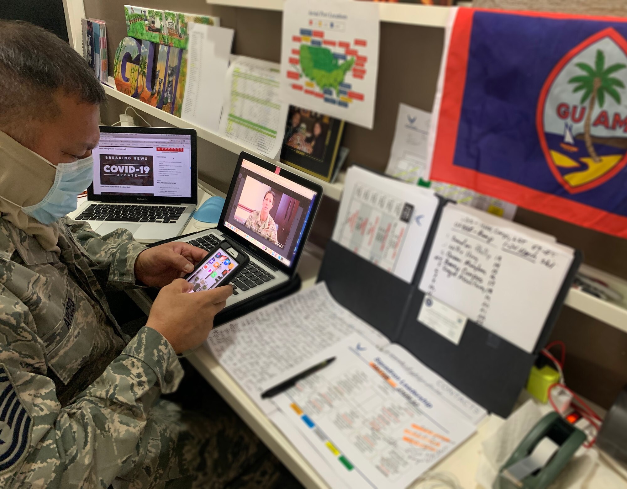 A photo of U.S. Air Force Senior Master Sgt. Ray Arceo, the 44th Aerial Port Squadron ramp services superintendent, conducting virtual training with unit members during the 624th Regional Support Group virtual unit training assembly April 4, 2020, from his home in Guam. Air Force Reserve Airmen in Hawaii and Guam continued mission readiness training during the first-ever 624th RSG virtual UTA, which was implemented to help keep Airmen safe during COVID-19 pandemic. (Courtesy Photo)