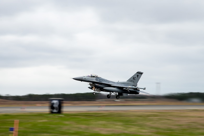 An image of A U.S. Air Force F-16C Fighting Falcon taking off April 1, 2020, at the 177th Fighter Wing, Egg Harbor Township, N.J.