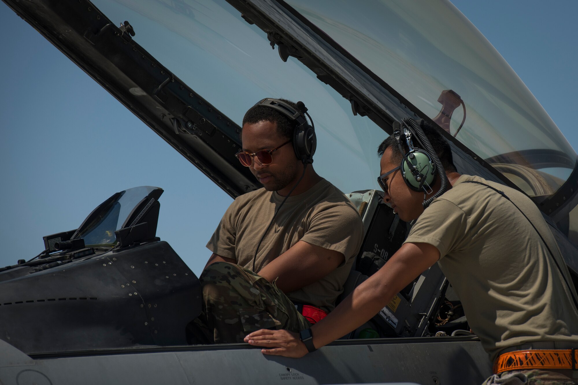 U.S. Air Force Airmen with the 380th Expeditionary Aircraft Maintenance Squadron perform maintenance on a U.S. Air Force F-16 “Viper” Fighting Falcon at an undisclosed location in the U.S. Central Command area of responsibility, Feb. 23, 2020.