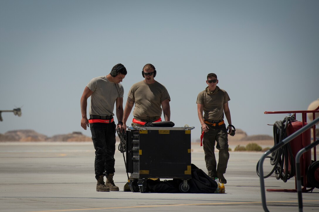 U.S. Air Force Airmen with the 380th Expeditionary Aircraft Maintenance Squadron regroup after launching a U.S. Air Force F-16 “Viper” Fighting Falcon at an undisclosed location in the U.S. Central Command area of responsibility, Feb. 23, 2020.