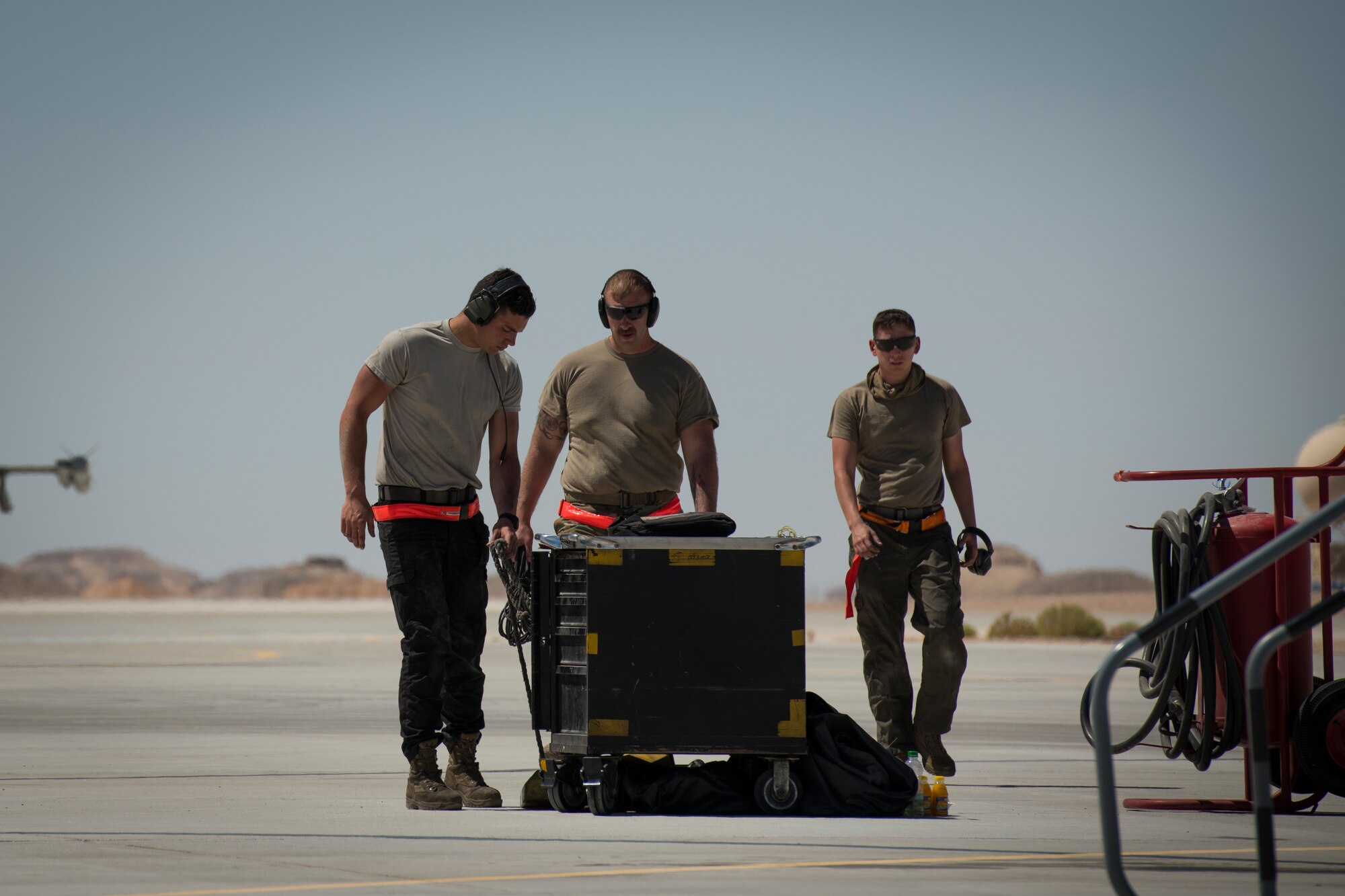 U.S. Air Force Airmen with the 380th Expeditionary Aircraft Maintenance Squadron regroup after launching a U.S. Air Force F-16 “Viper” Fighting Falcon at an undisclosed location in the U.S. Central Command area of responsibility, Feb. 23, 2020.