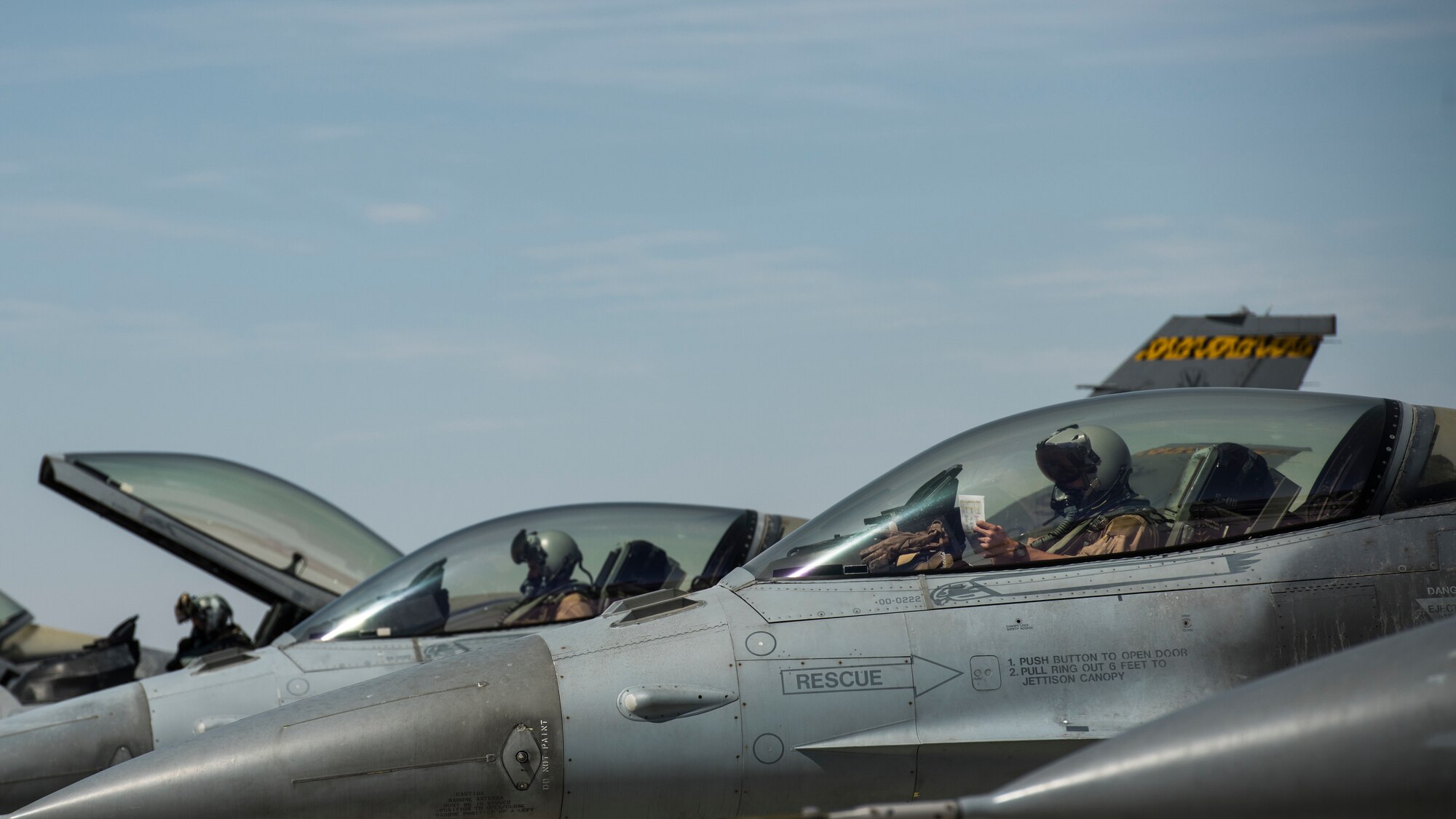 U.S. Air Force F-16 “Viper” Fighting Falcon pilots assigned to the 79th Expeditionary Fighter Squadron wait to takeoff at an undisclosed location in the U.S. Central Command area of responsibility, Feb. 24, 2020.