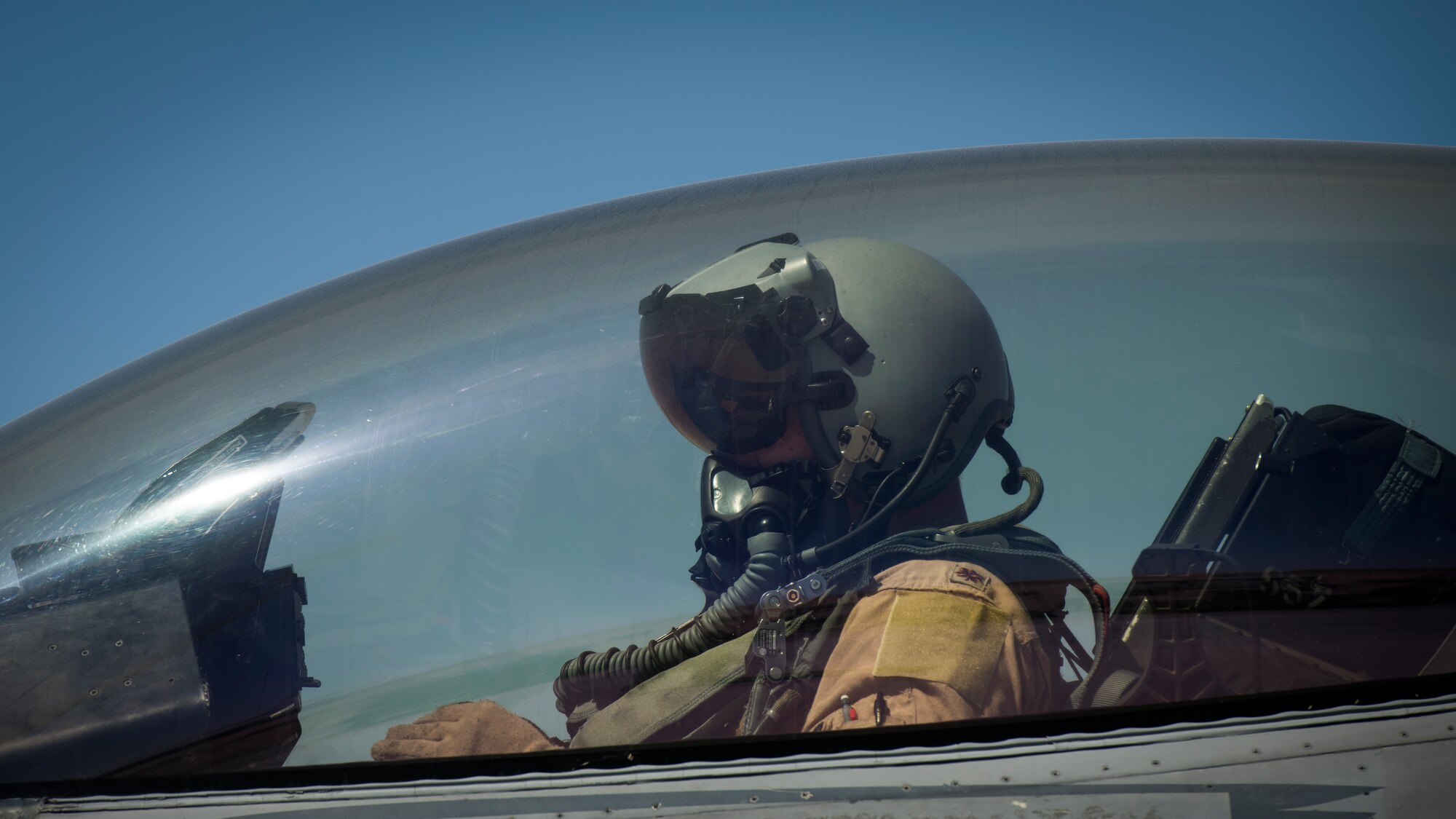 A U.S. Air Force F-16 “Viper” Fighting Falcon pilot assigned to the 79th Expeditionary Fighter Squadron waits to takeoff at an undisclosed location in the U.S. Central Command area of responsibility, Feb. 24, 2020.