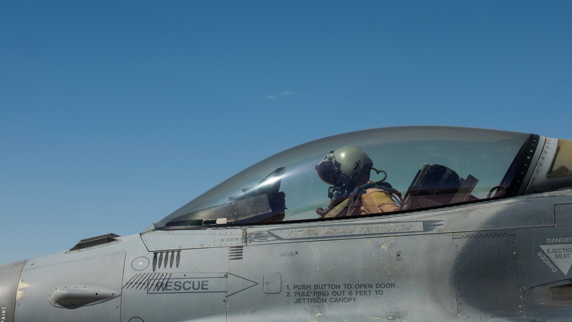 A U.S. Air Force F-16 “Viper” Fighting Falcon pilot assigned to the 79th Expeditionary Fighter Squadron waits to takeoff at an undisclosed location in the U.S. Central Command area of responsibility, Feb. 24, 2020.