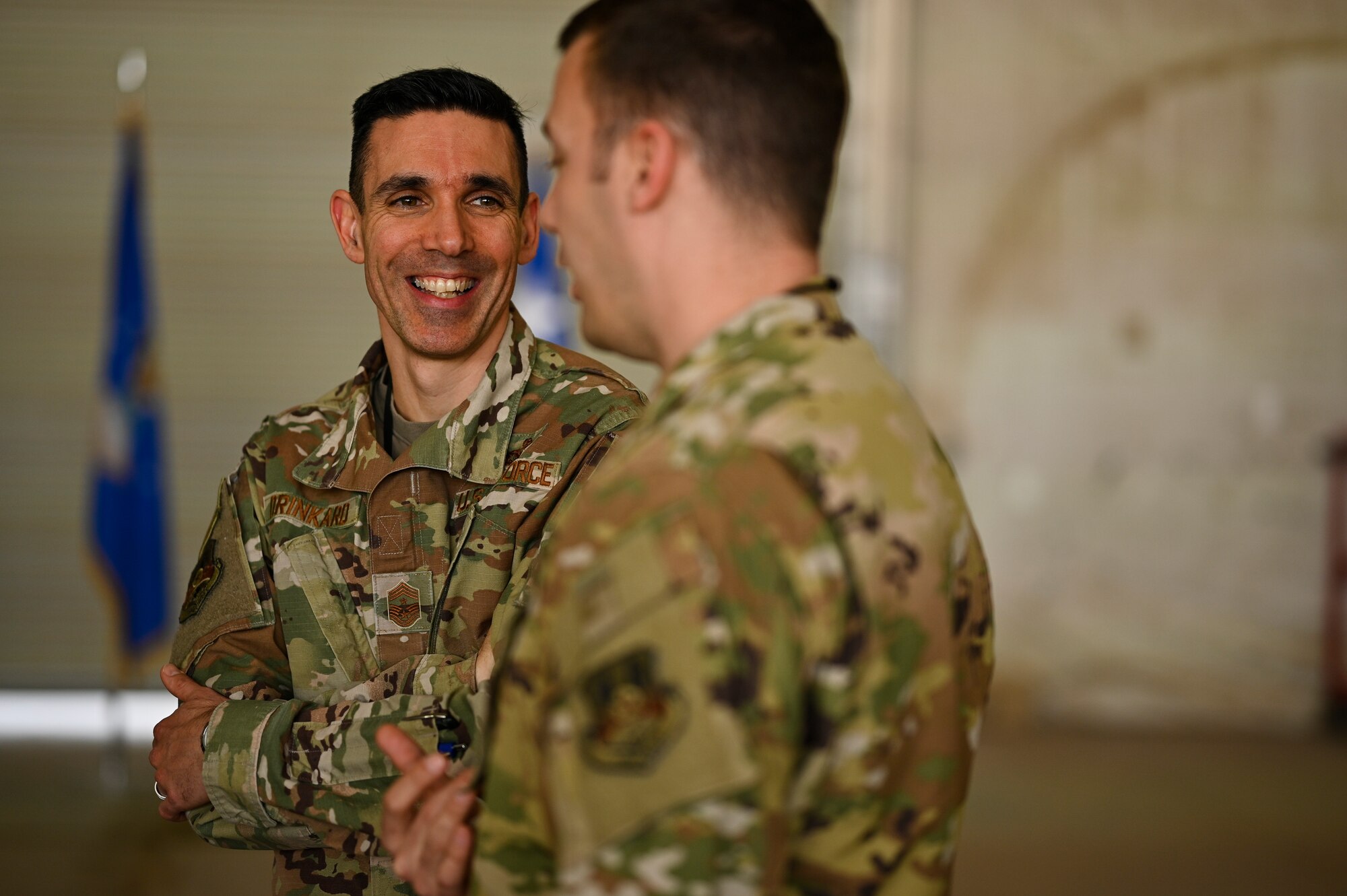 U.S. Air Force Chief Master Sgt. Shawn L. Drinkard, Command Chief Master Sgt. for U.S. Air Forces Central Command, speaks with 451st Air Expeditionary Group Airmen at Kandahar Airfield about the importance of the USAFCENT mission in Afghanistan, Feb. 24, 2020.