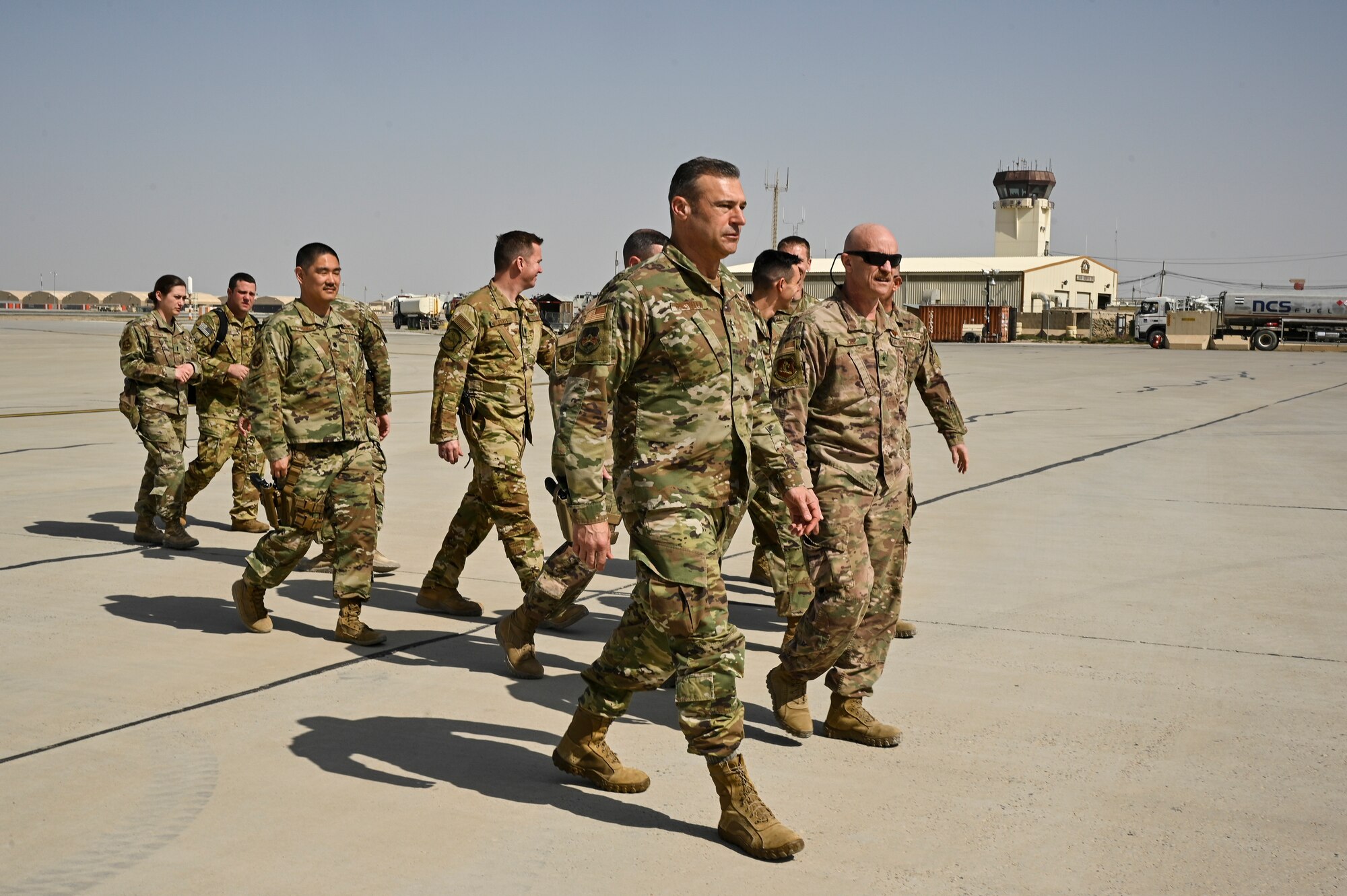 U.S. Air Force Lt. Gen. Joseph T. Guastella, Jr., Commander, U.S. Air Forces Central Command and Combined Forces Air Component Commander, is greeted at Kandahar Airfield, Afghanistan by leadership from the 455th Air Expeditionary Wing, based at Bagram Airfield, Afghanistan and leadership from the 451st Air Expeditionary Group, based at KAF during a visit to talk about the importance of the USAFCENT mission in Afghanistan, Feb. 24, 2020.