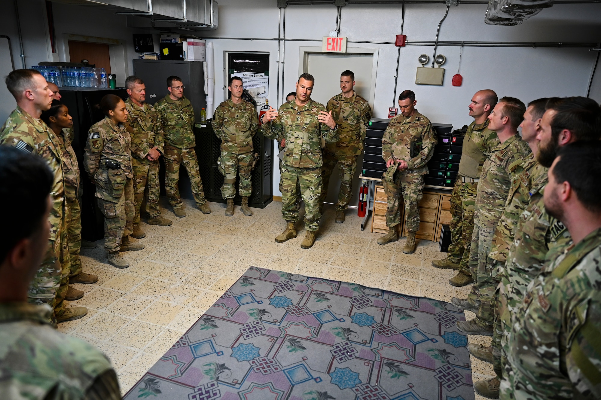 U.S. Air Force Lt. Gen. Joseph T. Guastella, Jr., Commander, U.S. Air Forces Central Command and Combined Forces Air Component Commander, talks with 438th Air Expeditionary Wing Train Advise Assist Command-Air members based at Kandahar Airfield, Afghanistan about the importance of the USAFCENT mission in Afghanistan, Feb. 24, 2020.