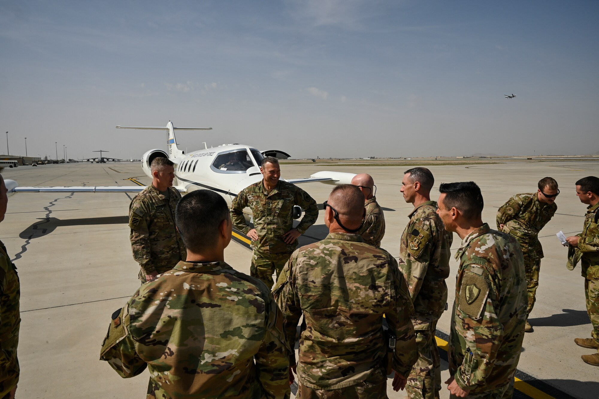U.S. Air Force Lt. Gen. Joseph T. Guastella, Jr., Commander, U.S. Air Forces Central Command and Combined Forces Air Component Commander, is greeted at Kandahar Airfield, Afghanistan by leadership from the 455th Air Expeditionary Wing, based at Bagram Airfield, Afghanistan and leadership from the 451st Air Expeditionary Group, based at KAF during a visit to talk about the importance of the USAFCENT mission in Afghanistan, Feb. 24, 2020.